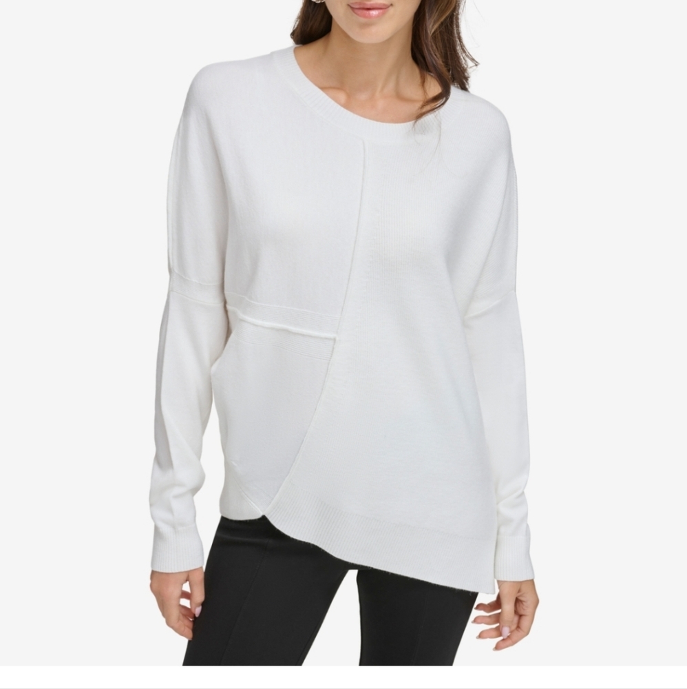 NWTS Dkny Women's Mixed-Stitch Asymmetrical-Hem Crewneck Sweater - Ivory